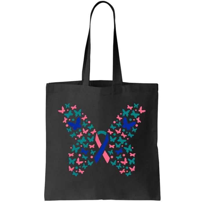 Butterfly Thyroid Cancer Awareness Ribbon Survivor Warrior Tote Bag