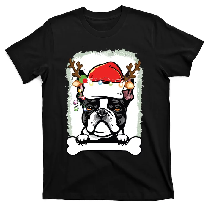 Boston Terrier Christmas Decor Pajama Santa Hat Tree Light T-Shirt