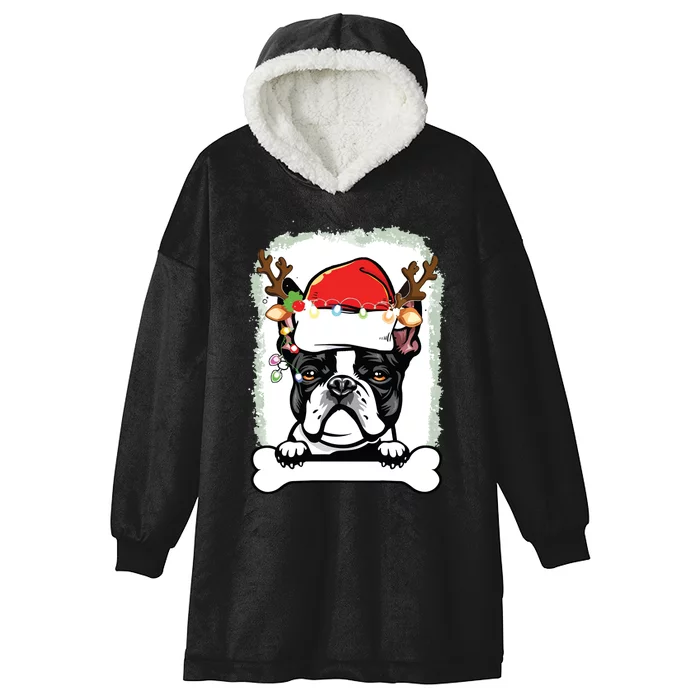 Boston Terrier Christmas Decor Pajama Santa Hat Tree Light Hooded Wearable Blanket