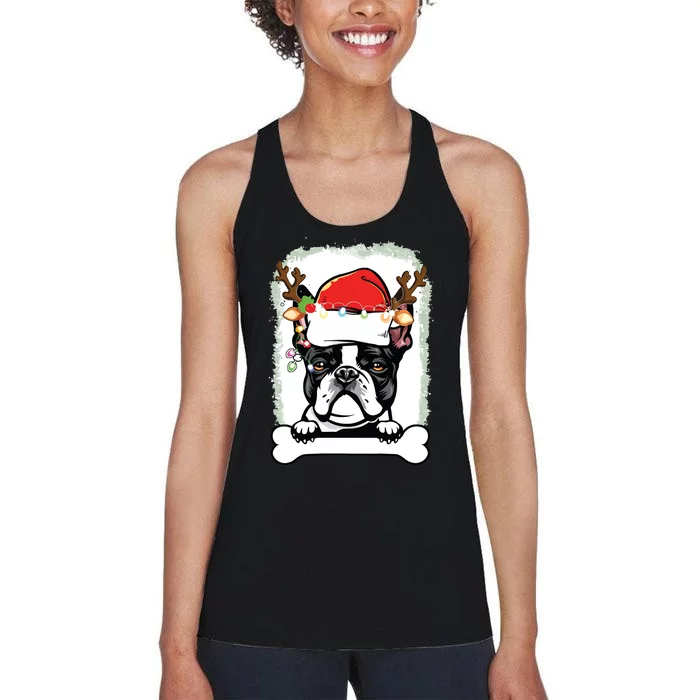 Boston Terrier Christmas Decor Pajama Santa Hat Tree Light Women's Racerback Tank