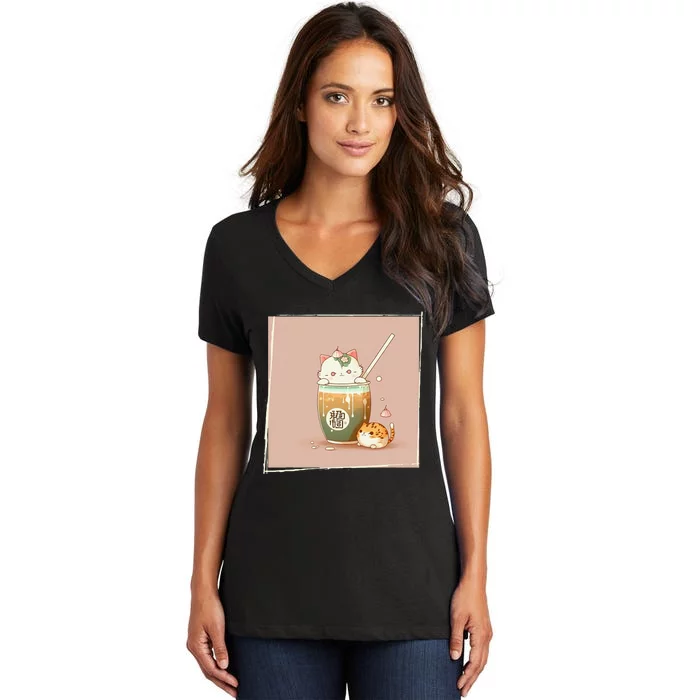 Boba Tea Cat Kawaii Anime Japanese Kawaii Neko Women's V-Neck T-Shirt