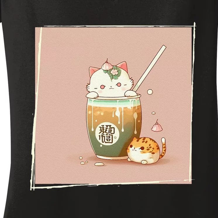 Boba Tea Cat Kawaii Anime Japanese Kawaii Neko Women's V-Neck T-Shirt