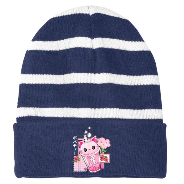 Boba Tea Cat Bubble Tea Kawaii Anime Japanese Girls Nager Striped Beanie with Solid Band