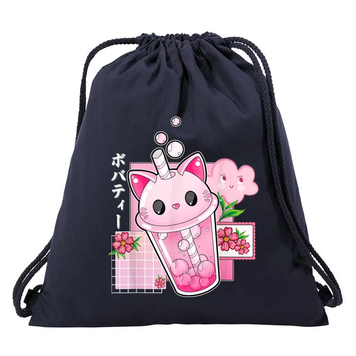 Boba Tea Cat Bubble Tea Kawaii Anime Japanese Girls Nager Drawstring Bag