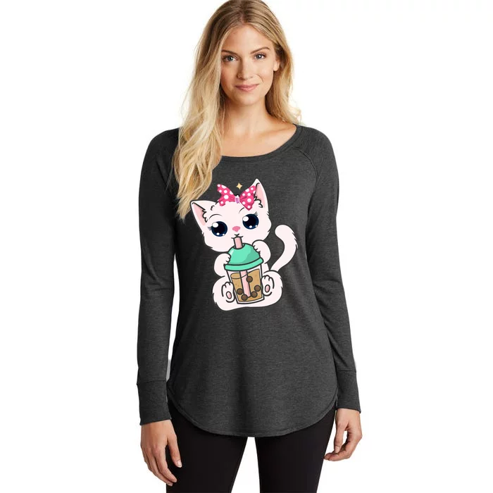 Boba Tea Cat Bubble Tea Cat Milk Tea Kawaii Anime Cat Women's Perfect Tri Tunic Long Sleeve Shirt