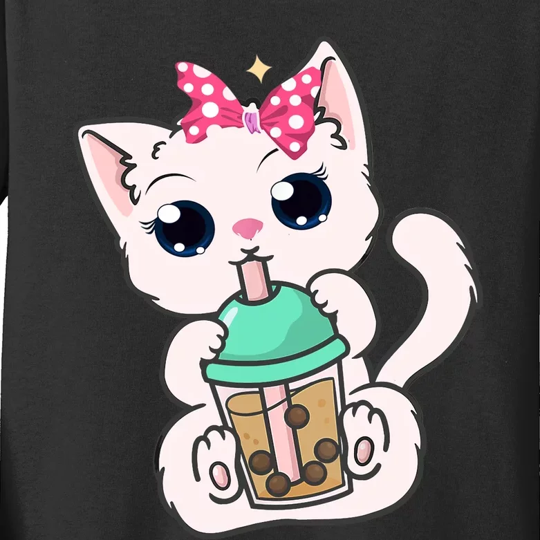 Boba Tea Cat Bubble Tea Cat Milk Tea Kawaii Anime Cat Kids Long Sleeve Shirt