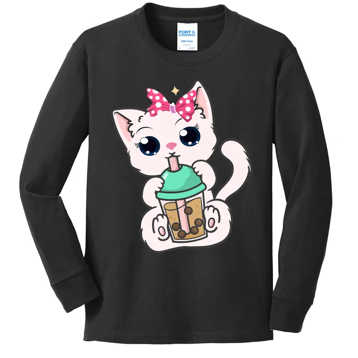 Boba Tea Cat Bubble Tea Cat Milk Tea Kawaii Anime Cat Kids Long Sleeve Shirt