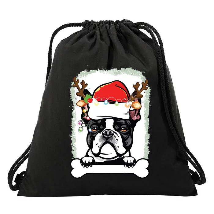 Boston Terrier Christmas Decor Pajama Santa Hat Tree Light Drawstring Bag