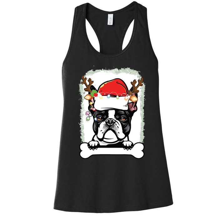 Boston Terrier Christmas Decor Pajama Santa Hat Tree Light Women's Racerback Tank