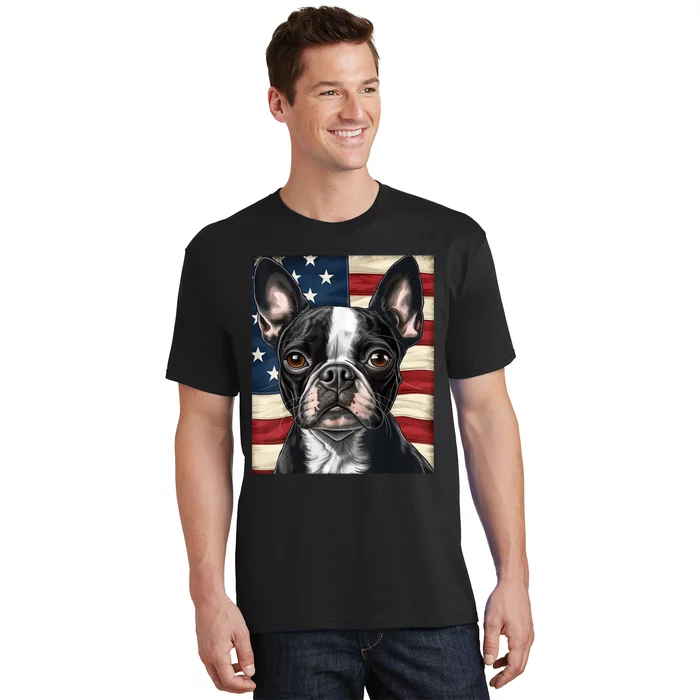 Boston Terrier Dog American Flag 4th Of July Patriotic Puppy T-Shirt