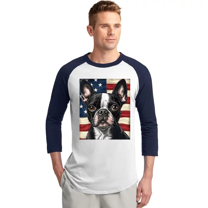 Boston Terrier Dog American Flag 4th Of July Patriotic Puppy Baseball Sleeve Shirt