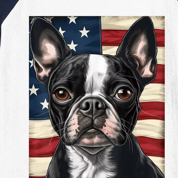 Boston Terrier Dog American Flag 4th Of July Patriotic Puppy Baseball Sleeve Shirt