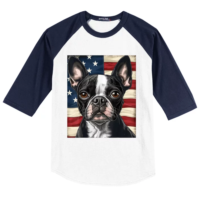 Boston Terrier Dog American Flag 4th Of July Patriotic Puppy Baseball Sleeve Shirt