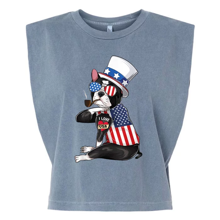 Boston Terrier Dog Merica 4th Of July Usa American Flag Men Garment-Dyed Women's Muscle Tee