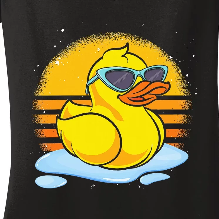 Bath Toy Duckie Cute Ducky Cool Sunglasses Retro Rubber Duck Women's V-Neck T-Shirt