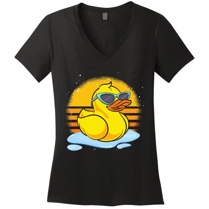 Bath Toy Duckie Cute Ducky Cool Sunglasses Retro Rubber Duck Women's V-Neck T-Shirt