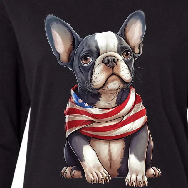 Boston Terrier Dog Patriotic Puppy American Flag 4th Of July Womens Cotton Relaxed Long Sleeve T-Shirt