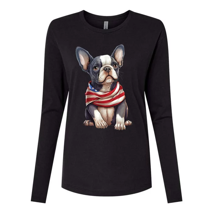 Boston Terrier Dog Patriotic Puppy American Flag 4th Of July Womens Cotton Relaxed Long Sleeve T-Shirt