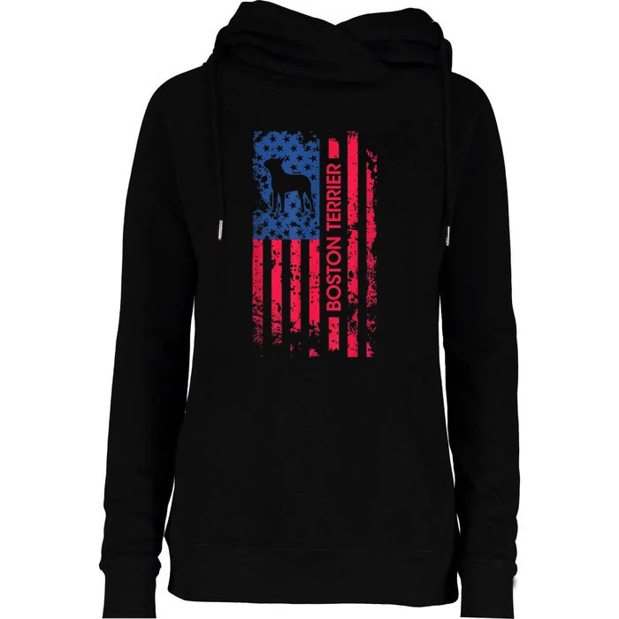 Boston Terrier Dog Patriotic American Flag 4th Of July Womens Funnel Neck Pullover Hood