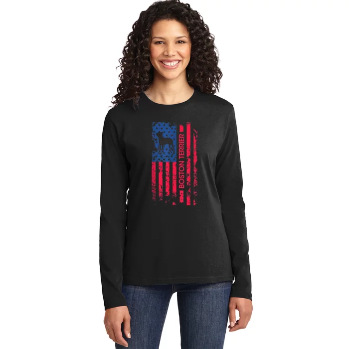 Boston Terrier Dog Patriotic American Flag 4th Of July Ladies Long Sleeve Shirt