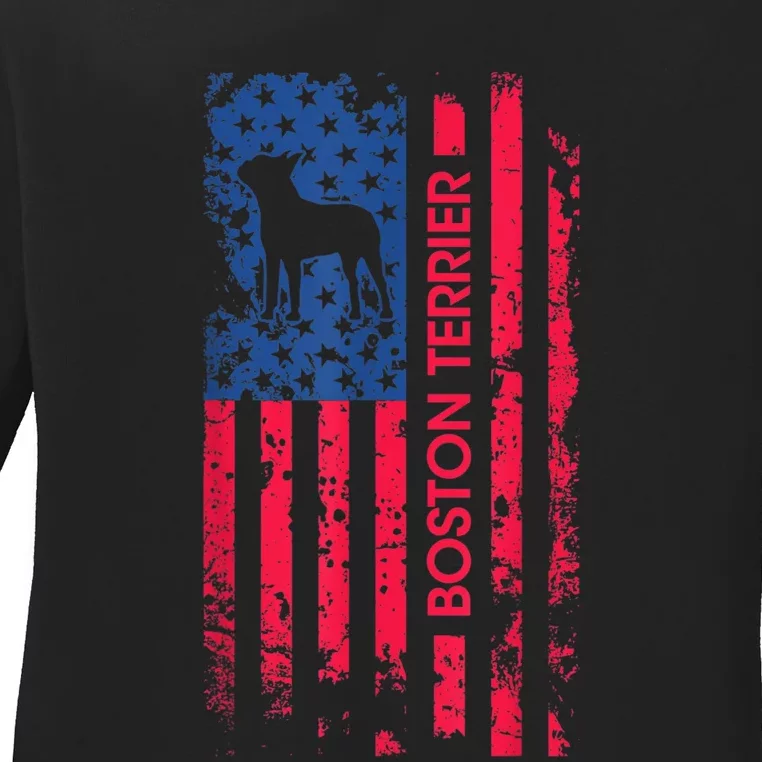 Boston Terrier Dog Patriotic American Flag 4th Of July Ladies Long Sleeve Shirt