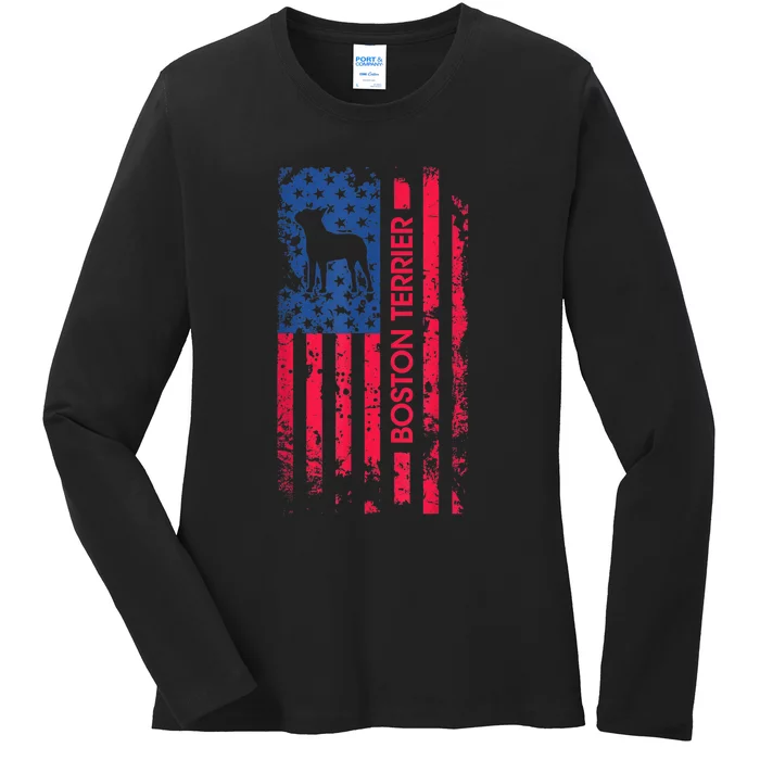 Boston Terrier Dog Patriotic American Flag 4th Of July Ladies Long Sleeve Shirt