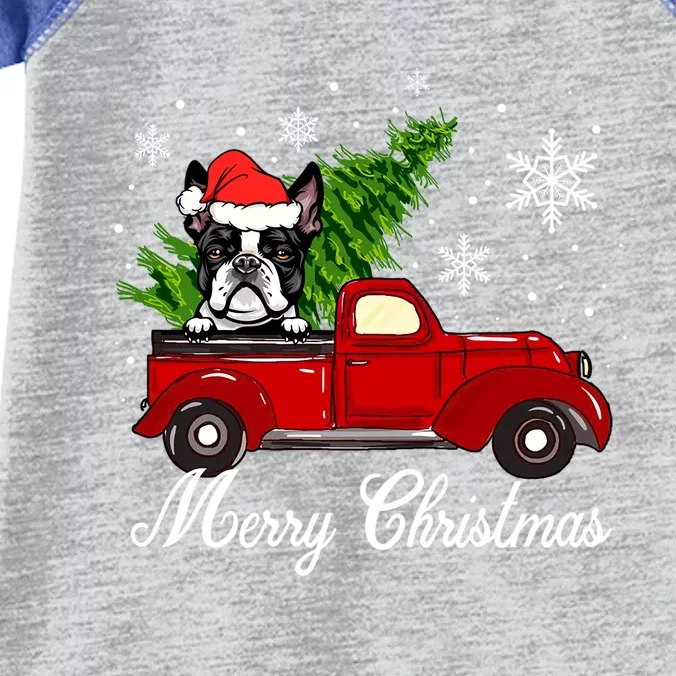 Boston Terrier Dog Riding Red Truck Merry Christmas Pajama Gift Infant Baby Jersey Bodysuit