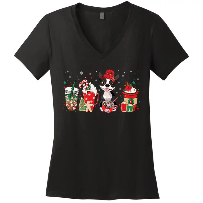 Boston Terrier Dog Lover Merry Christmas Xmas Holiday Women's V-Neck T-Shirt