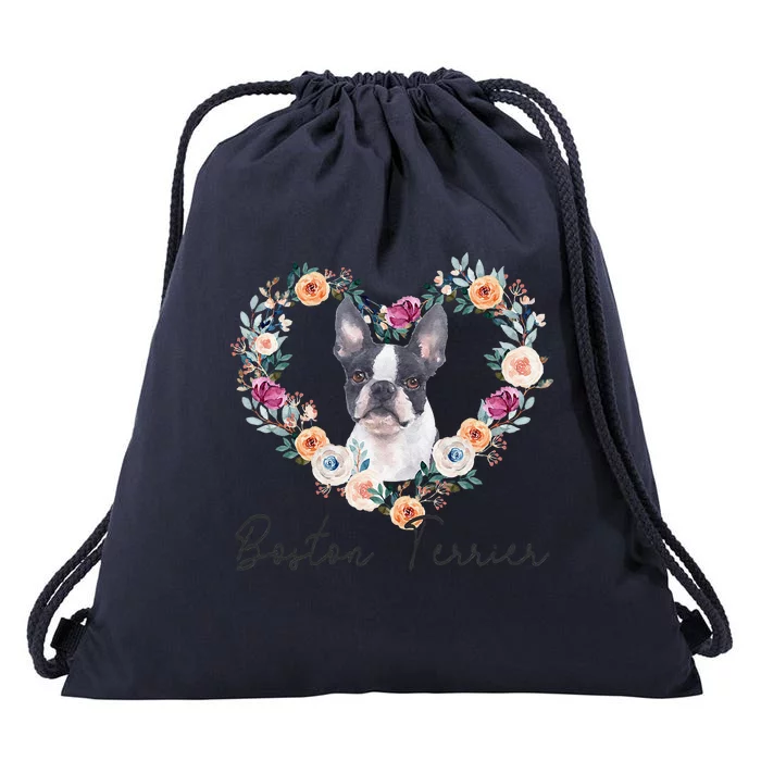 Boston Terrier Dog Flower Heart Funny Mothers Day Gift Drawstring Bag