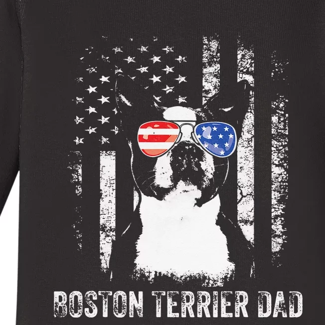 Boston Terrier Dad American Flag 4th Of July Dog Fathers Day Baby Long Sleeve Bodysuit