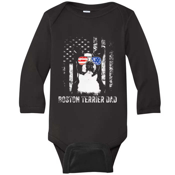 Boston Terrier Dad American Flag 4th Of July Dog Fathers Day Baby Long Sleeve Bodysuit