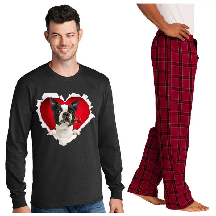 Boston Terrier Dog Rose Heart Valentines Day Couple Funny Gift Long Sleeve Pajama Set