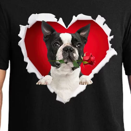 Boston Terrier Dog Rose Heart Valentines Day Couple Funny Gift Pajama Set