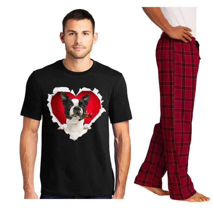 Boston Terrier Dog Rose Heart Valentines Day Couple Funny Gift Pajama Set