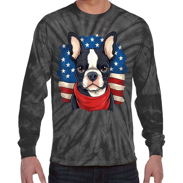 Boston Terrier Dog Patriotic Puppy American Flag 4th Of Jul Tie-Dye Long Sleeve Shirt