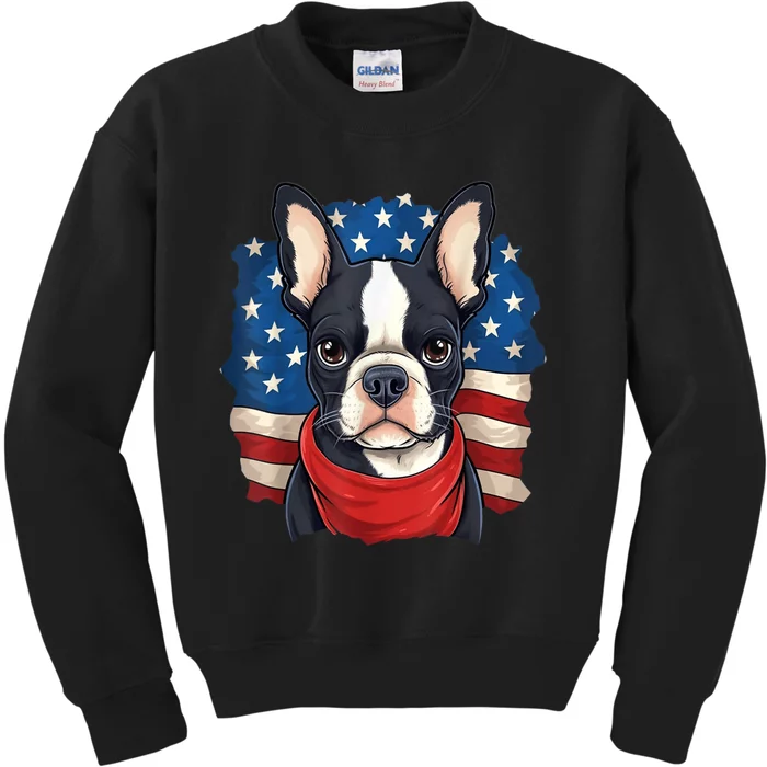 Boston Terrier Dog Patriotic Puppy American Flag 4th Of Jul Kids Sweatshirt