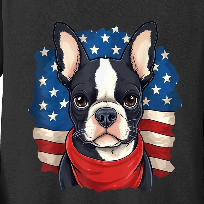 Boston Terrier Dog Patriotic Puppy American Flag 4th Of Jul Kids Long Sleeve Shirt