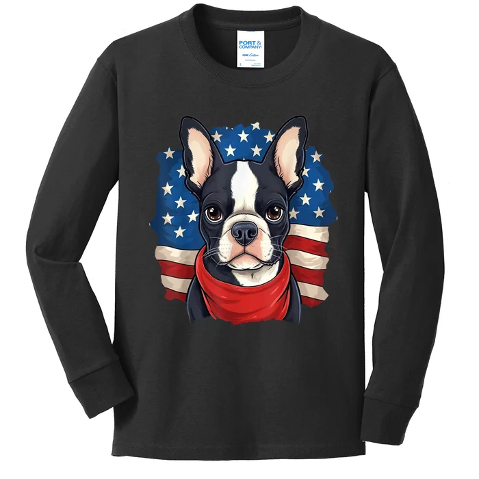 Boston Terrier Dog Patriotic Puppy American Flag 4th Of Jul Kids Long Sleeve Shirt