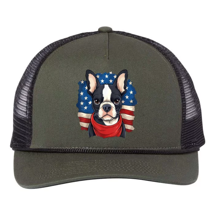 Boston Terrier Dog Patriotic Puppy American Flag 4th Of Jul Retro Rope Trucker Hat Cap