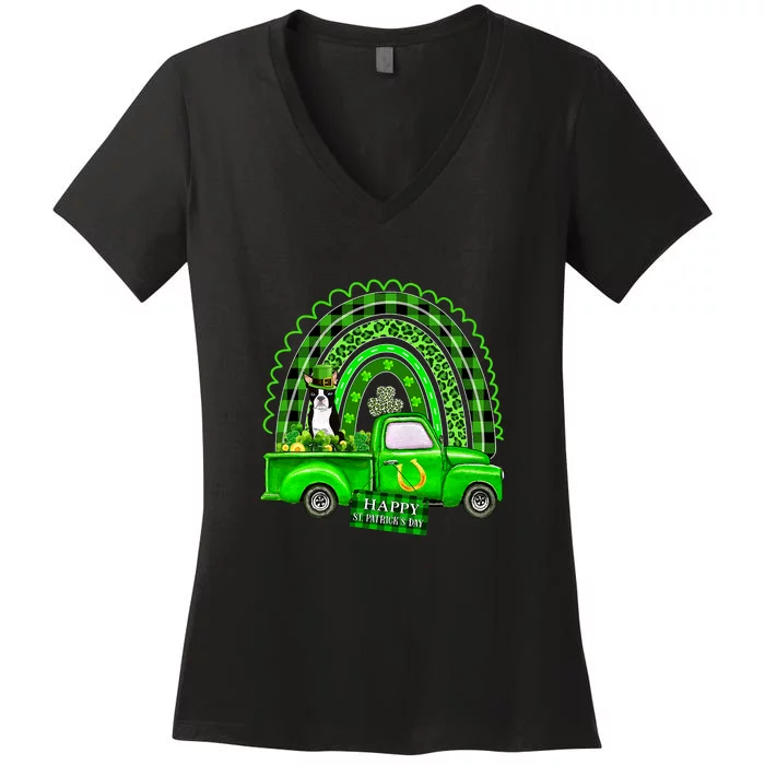 Boston Terrier Dog Leprechaun Hat Truck Shamrock Rainbow St Patricks Women's V-Neck T-Shirt