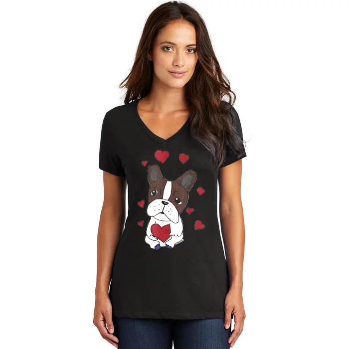 Boston Terrier Dog With Hearts Women's V-Neck T-Shirt