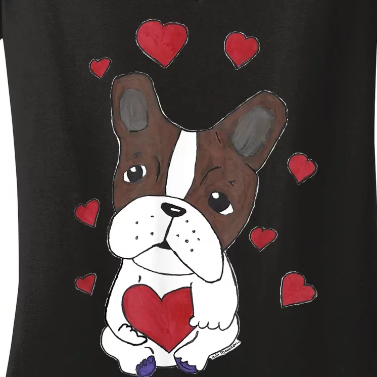 Boston Terrier Dog With Hearts Women's V-Neck T-Shirt