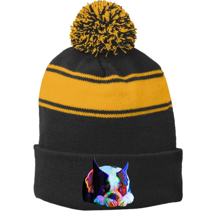 Boston Terrier Dog Lover Art Artsy Colorful Boston Terrier Stripe Pom Pom Beanie