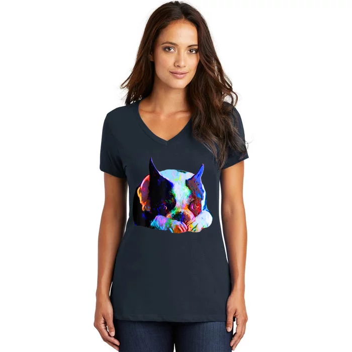 Boston Terrier Dog Lover Art Artsy Colorful Boston Terrier Women's V-Neck T-Shirt