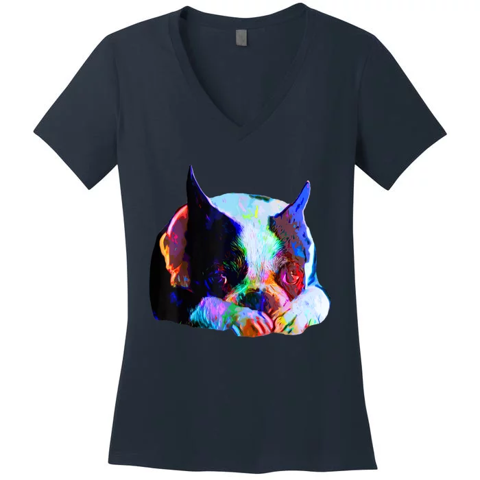 Boston Terrier Dog Lover Art Artsy Colorful Boston Terrier Women's V-Neck T-Shirt