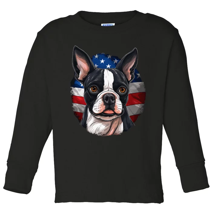 Boston Terrier Dog American Flag 4th of July Patriotic puppy Toddler Long Sleeve Shirt