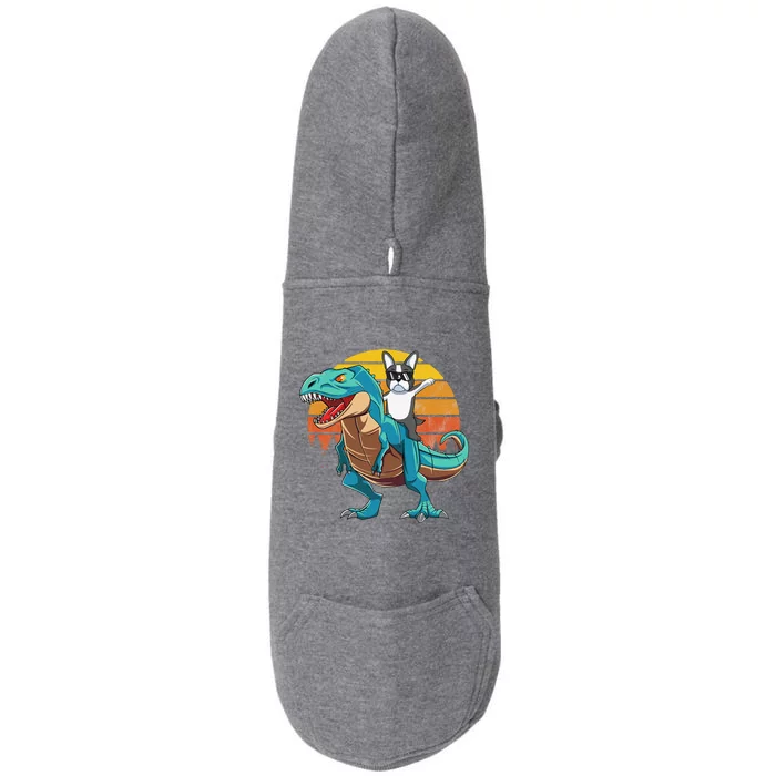 Boston Terrier Dog Riding Dinosaur T Rex Doggie 3-End Fleece Hoodie