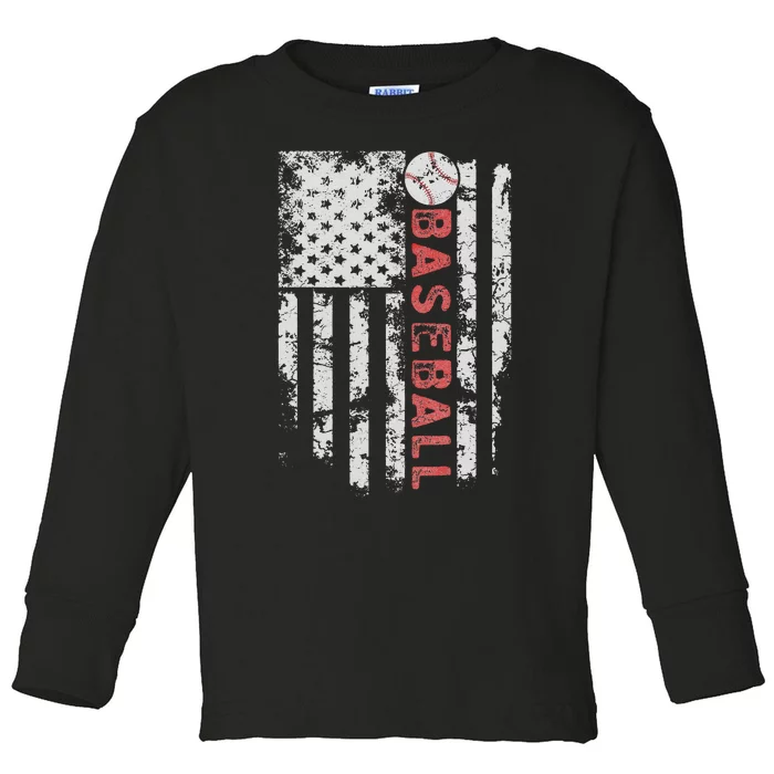 Baseball Team Dad Mom Vintage USA Flag Pride Toddler Long Sleeve Shirt