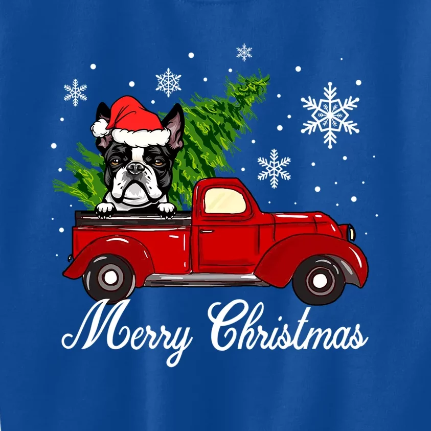 Boston Terrier Dog Riding Red Truck Merry Christmas Pajama Cute Gift Kids Sweatshirt