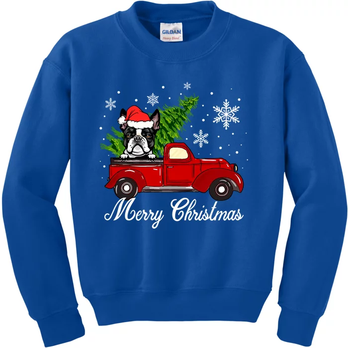 Boston Terrier Dog Riding Red Truck Merry Christmas Pajama Cute Gift Kids Sweatshirt